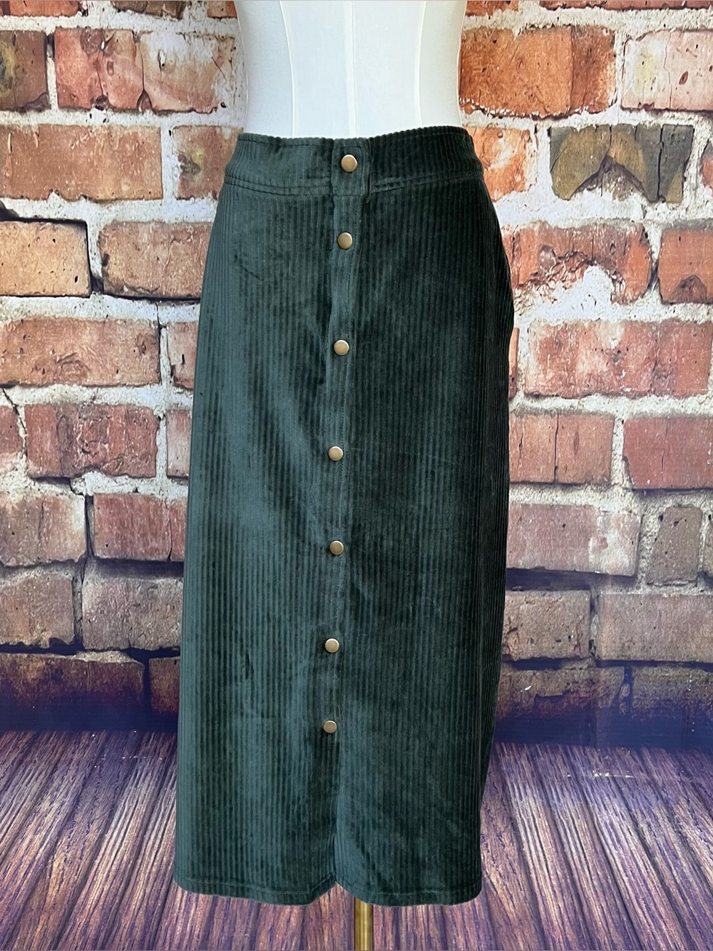 Denim & Co. Green Corduroy Button-Front Midi Skirt